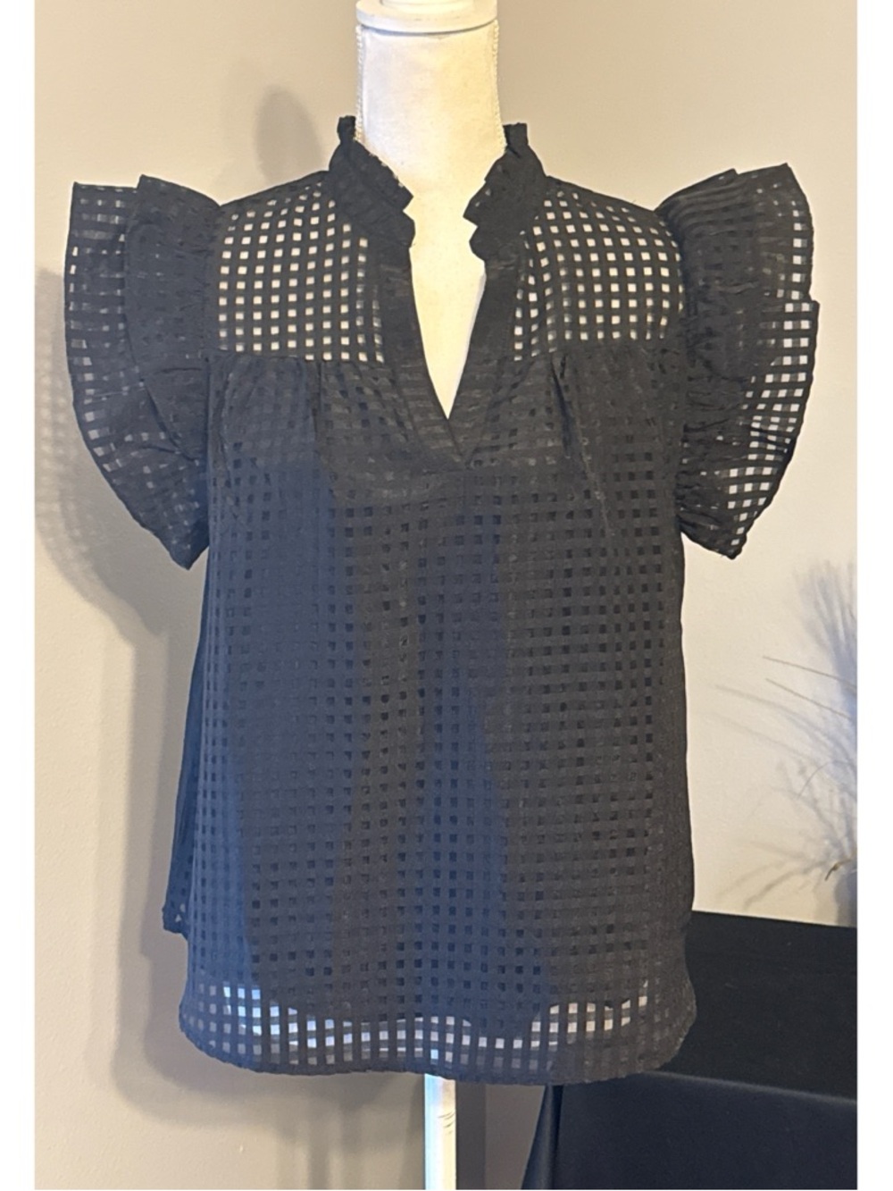 SALE! New In Black Sheer Checkered Blouse Ruffle Sleeve Lined Top Size M
